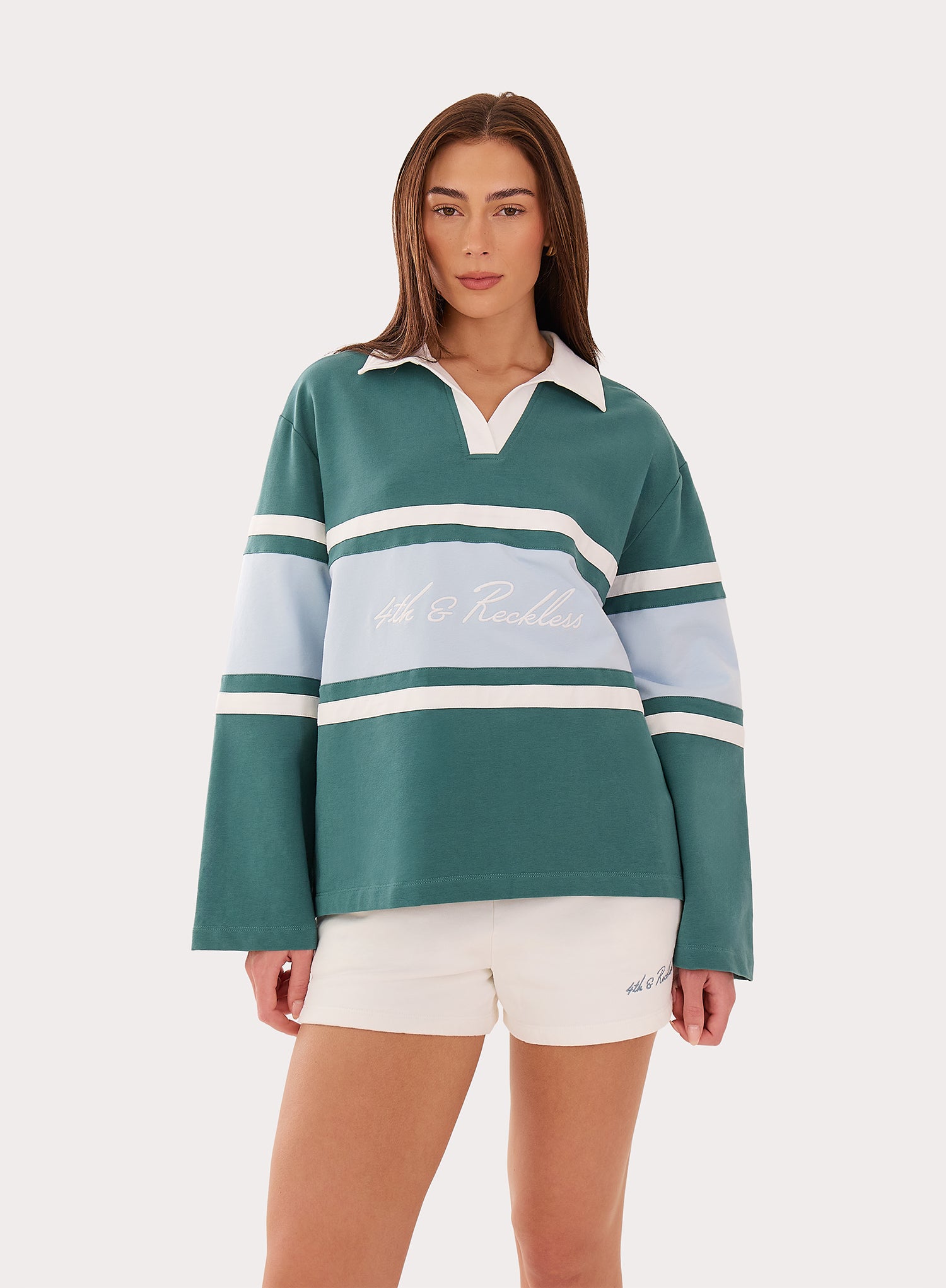 Green And Blue Stripe Panelled Branded Rugby Top